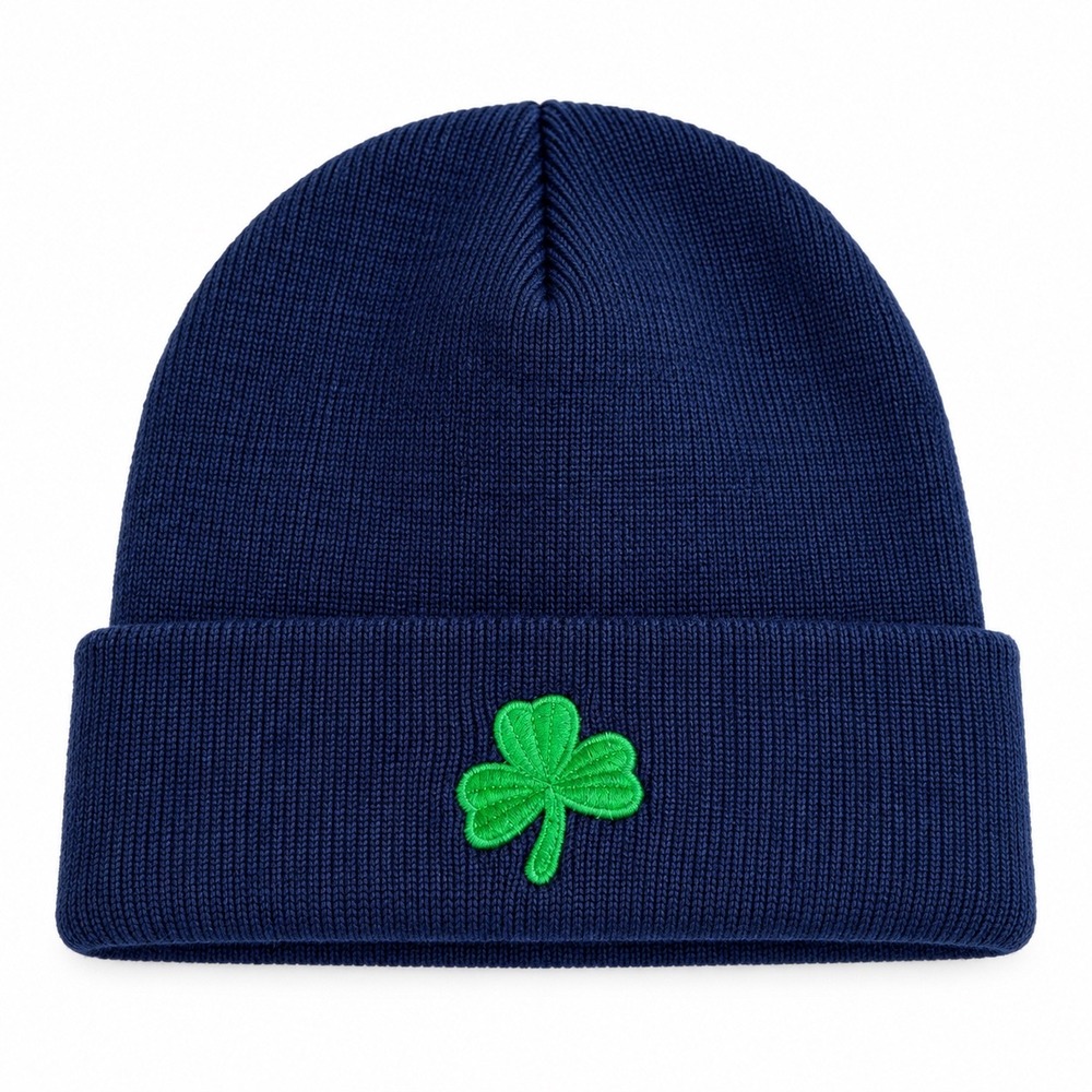 The Erin Navy Blue Shamrock Embroidered Cuffed Beanie Irish Knit Hat